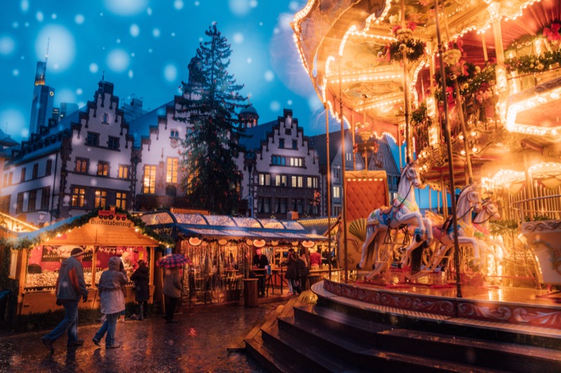 Amazing Christmas market spirit in Frankfurt, Germany. December 2, 2017. Celebrating new years eve. Happy holidays.